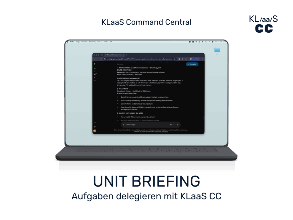 Darstellung eines präzisen Projekt-Briefings durch die KLaaS Command Central an eine spezialisierte KI-Unit.