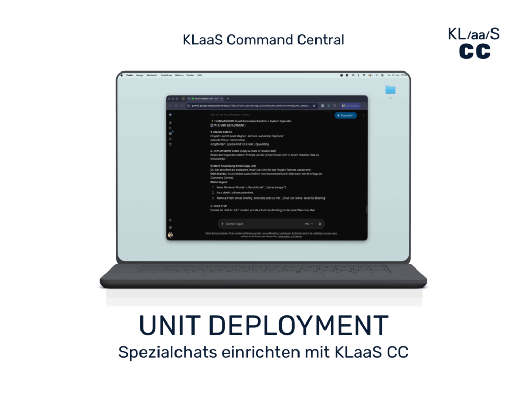 Darstellung der KLaaS Command Central, die einen System-Prompt für eine neue KI-Unit generiert.